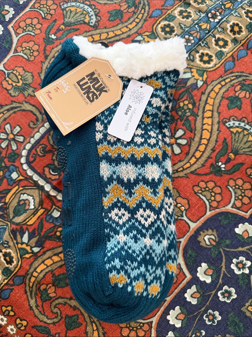 Muk Luks Teal Patterned Sherpa-Lined Slipper Socks with Gold Accents